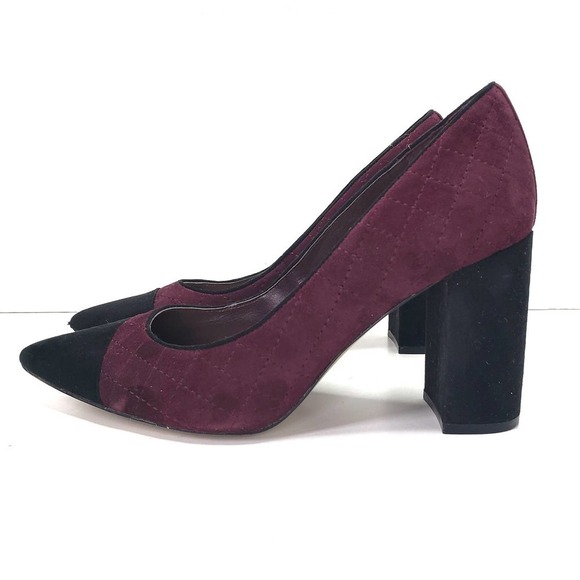 Tommy Hilfiger Violin Pump 10 Quilted Suede Block Heel Burgundy Black‎ - Picture 1 of 10